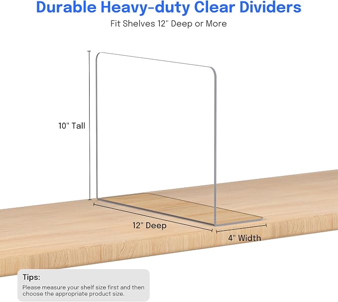 OKPOW Shelf Dividers for Closet Organization – Keep Sweaters & Purses Upright, Clear Acrylic Separators for Most Wood Shelves & Pantry, Damage-Free, Sturdy & Tall (10" x 12", 4 Pack)
