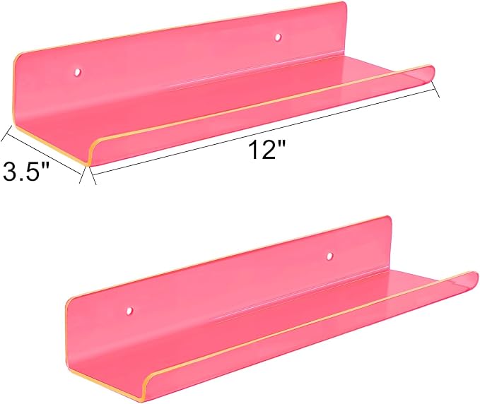 ROYALITA 2-Pack Small Acrylic Shelves Wall Mounted, 12 in Display Shelves | for Small Items, Plants, Room Decor Floating Wall Shelves for Gaming Room, Bedroom, Living Room, Office, Pink
