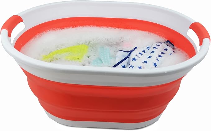 SAMMART 28L (7.4 gallon) Collapsible Plastic Laundry Basket-Oval Tub/Basket - Portable Washing Tub-Space Saving Laundry Hamper, Water capacity: 22L (5.8 gallon) (1, White/Orange Red)