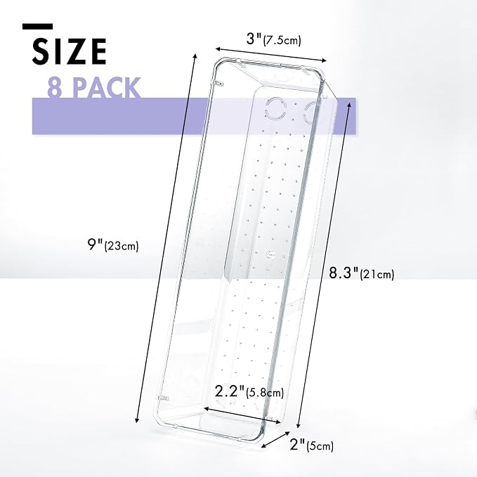 HOUSE DAY Desk Drawer Organizer Bins 8 PCS, 9*3*2" Clear Drawer Organizers with Silicone Pads, Vanity Organizers and Storage, Non Slip Plastic Drawer Organizer for Makeup, Bathroom, Kitchen, Office