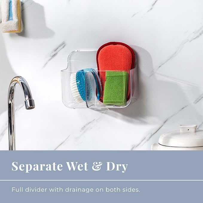 No-Drill Wall Storage Basket – 2-Compartment Clear Acrylic Organizer Bin with Strong Adhesive, Easy to Install & Remove, Waterproof Shelf for Kitchen, Bathroom, Cabinet – Sandra Series