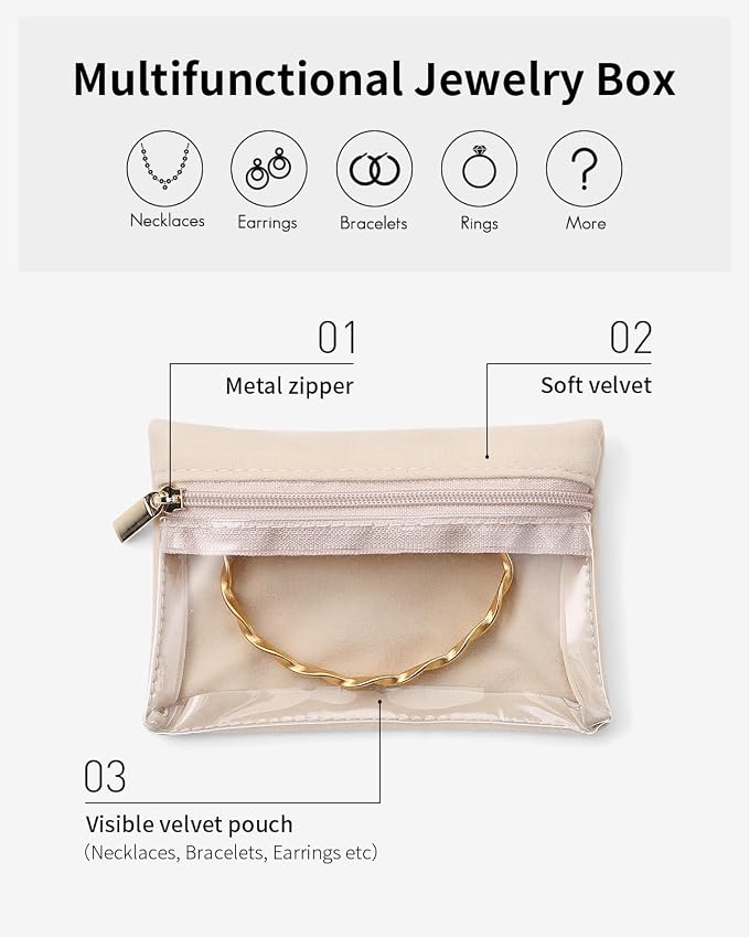 VLANDO Velvet Jewelry Pouch with Zipper - Clear Travel Jewelry Bag Organizer for Business Trips & Gifts