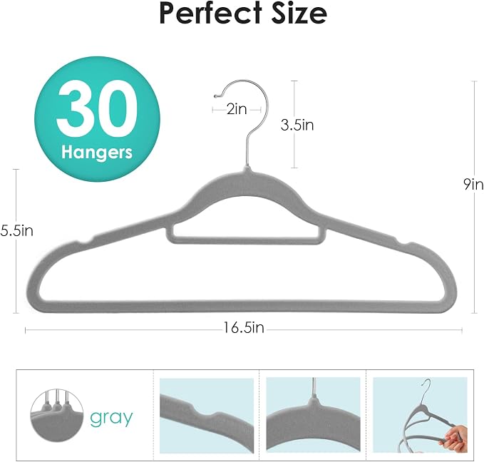 DUDUCOFU Velvet Hangers Non Slip Felt Hangers, 30 Pack Grey Velvet Clothes Hangers Space Saving Slim with 360 Degree Swivel Hook for Suits Coats, Jackets, Pants, and Dress Clothes