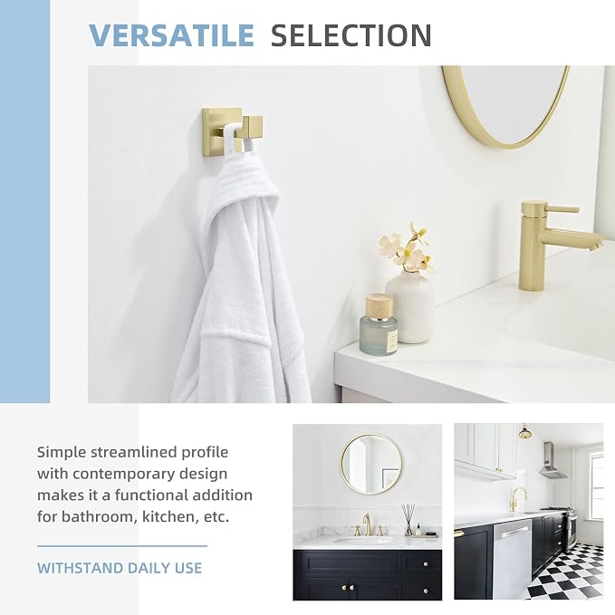 Angle Simple Bathroom Towel Hook Brushed Gold, SUS304 Stainless Steel Hand Towel Holder, Robe Hat Coat Hook for Wall Mount