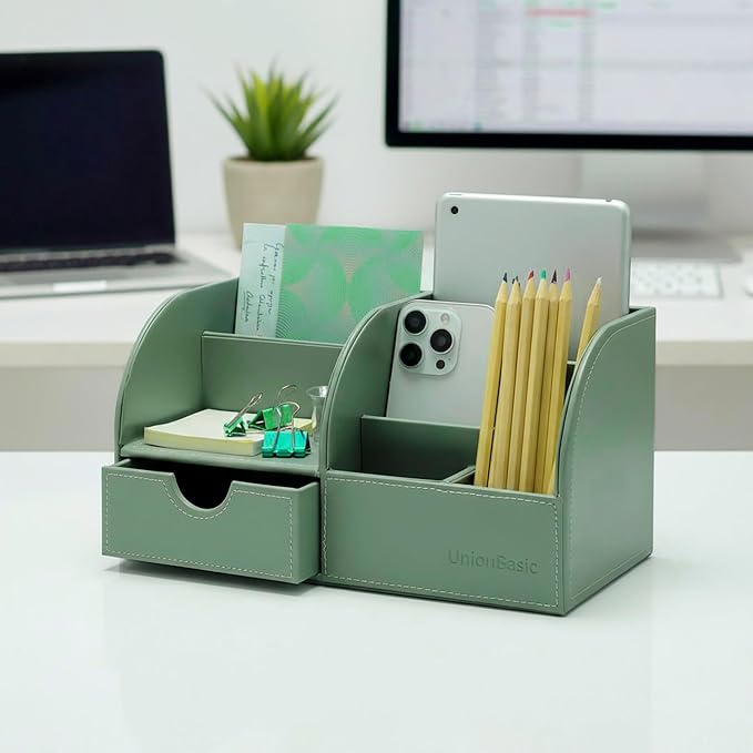 UnionBasic Desk Organizer - Multifunctional Leather Desktop Pen Holder Storage Box - Business Card/Pen/Pencil/Mobile Phone/Stationery Holder, Malachite Green