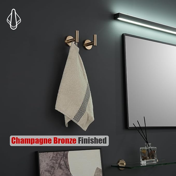 JQK Bathroom Towel Hook Champagne Bronze, Coat Robe Clothes Hook for Bathroom Wall Mounted (Pack of 4), SUS 304 Stainless Steel 0.8mm, TH100-CB-P4