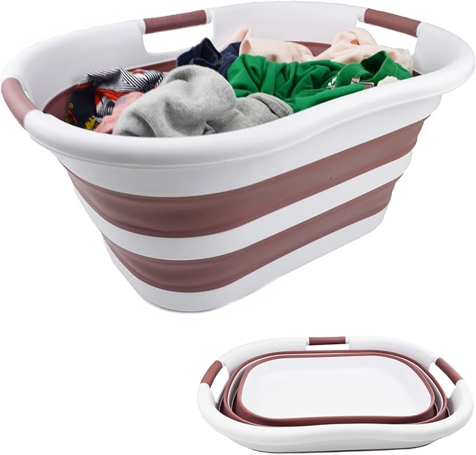 SAMMART 40L (10.5 gallon) Collapsible Plastic Laundry Basket - Foldable Pop Up Storage Container/Organizer - Portable Washing Tub - Space Saving Hamper/Basket (1, White/Dusky Pink)