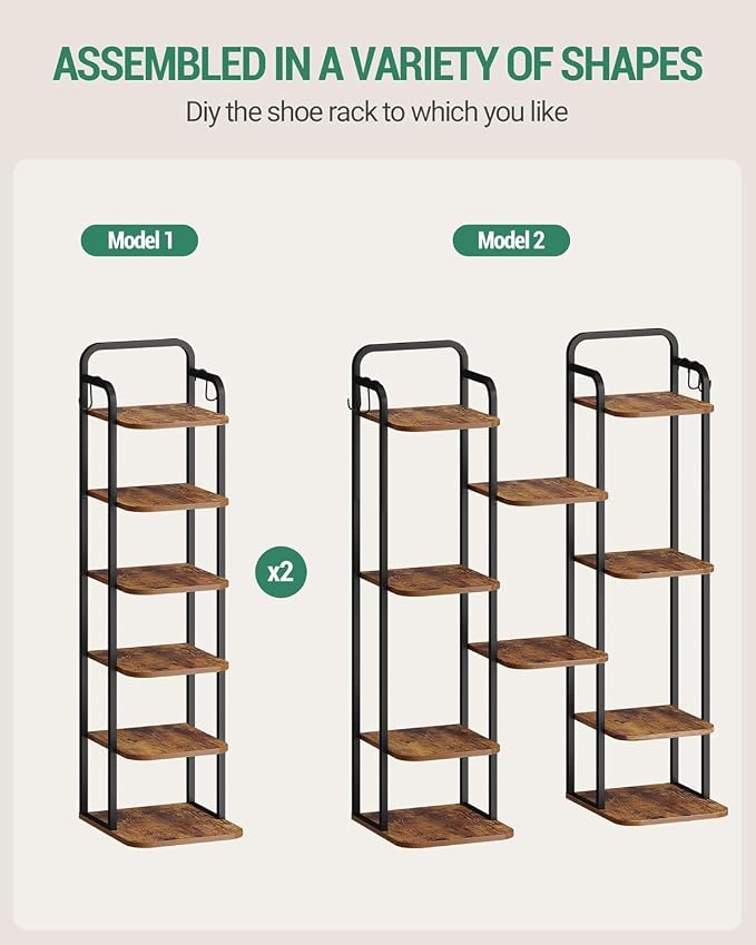 Hzuaneri 6 Tiers Vertical Shoe Rack, Narrow Shoe Tower, Tall Shoes Shelf with 2 Hooks, Adjustable Shelves, Corner Shoes Shelves for Small Spaces, Entryway, Living Room, Rustic Brown SR04201B
