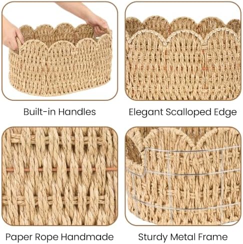 iEGrow Paper Rope Scalloped Basket, Set of 2 Woven Storage Wicker Baskets with Handle for Organizing and Shelves, Cute Boho Oval Baby Baskets for Decor, Towel, Toys, Nursery, Book, Gift Natural
