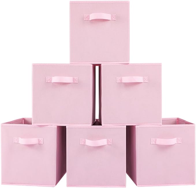 Stero Fabric Storage Bins 6 Pack Fun Colored Durable Storage Cubes with Fabric Handles Foldable Cube Baskets for Home, Kids Room, Closet and Toys Organization Pink