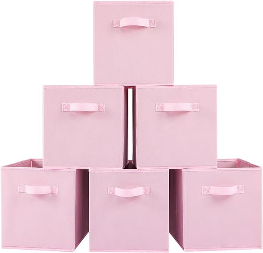 Stero Fabric Storage Bins 6 Pack Fun Colored Durable Storage Cubes with Fabric Handles Foldable Cube Baskets for Home, Kids Room, Closet and Toys Organization Pink