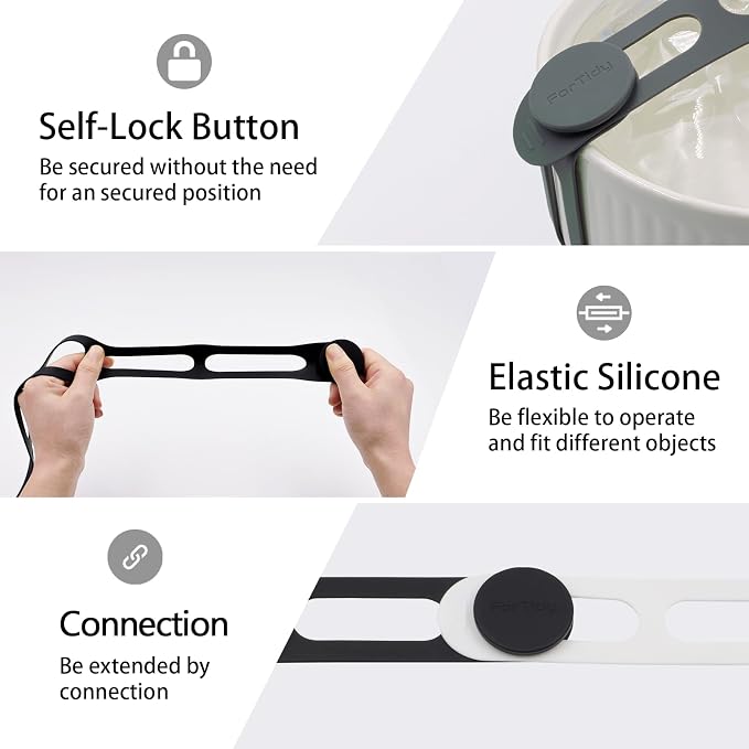 FORTIDY Silicone Latch Strap for Slow Cooker Lid, Pot, Bento Box, Patented Design Reusable Elastic Self-Lock Silicone Tie for securing cookwares or Organizing Cords, Mats, 21.65 in, 2pcs (Black&White)