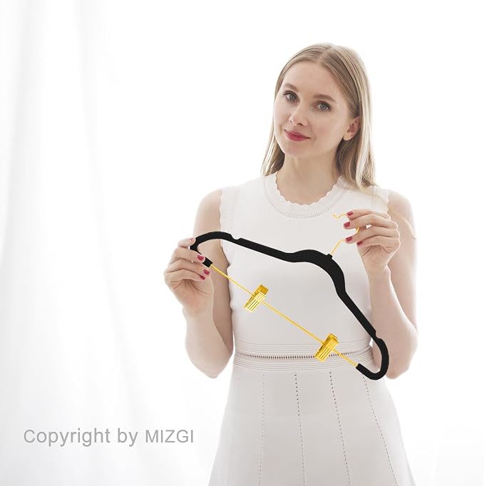 MIZGI Premium Velvet Pants Hangers with Adjustable Clips (Pack of 30) Slim Skirt Hangers- Non Slip Felt Outfit Dress Hangers Black - Gold Hooks,Space Saving Shirt Clothes Hangers