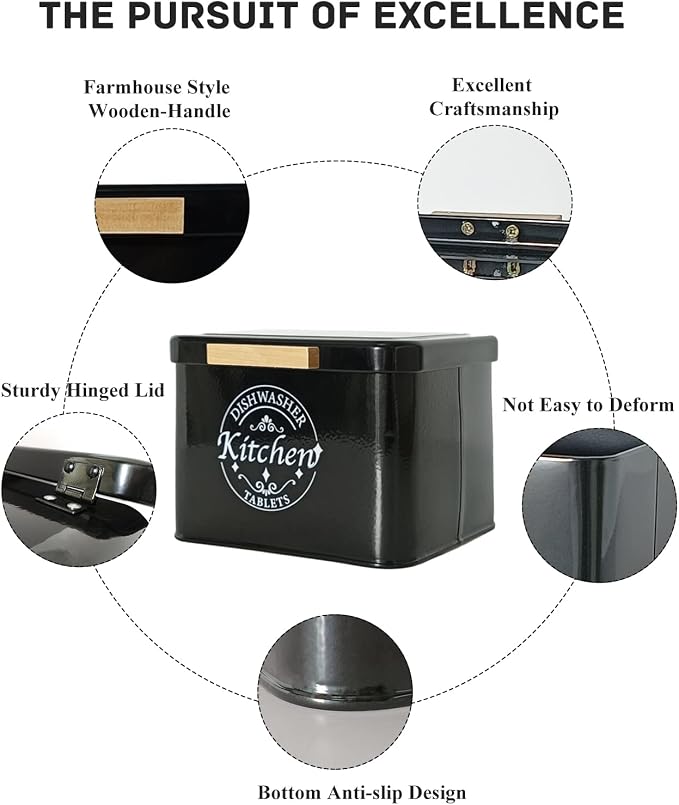 Dishwasher Pod Container with Hinged Lid. Farmhouse Metal Dishwaser Pods Holder for Kitchen Cabinet Organizer. Modern Kitchen Decor and Accessories. Dishwasher Detergent Tablet Storage (Black)
