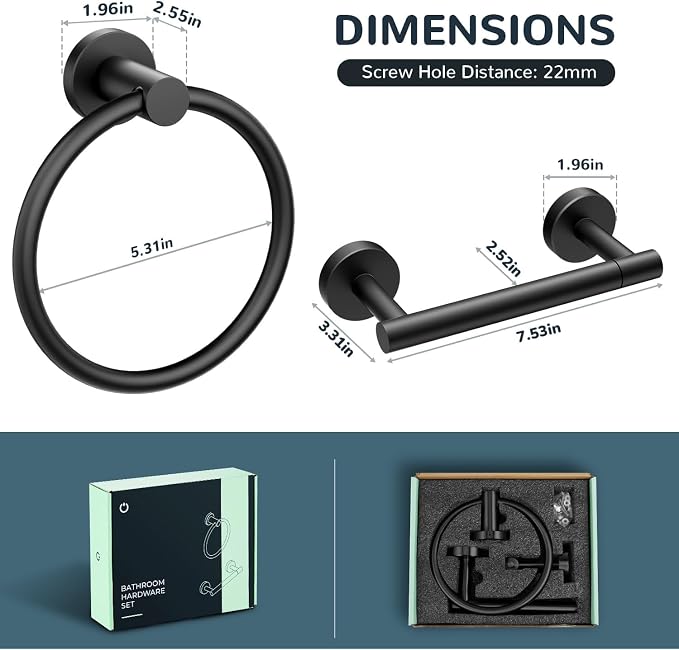 FORIOUS Toilet Paper Holder Wall Mount, SUS304 Stainless Steel Double Post Pivoting Tissue Roll Holder and Hand Towel Ring Set for Bathroom, RV, Bathroom Hardware Accessories Set, Matte Black 2 Pack