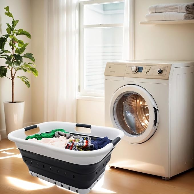 SAMMART 41L Collapsible 3 Handled Plastic Laundry Basket - Foldable Pop Up Storage Container/Organizer - Portable Basket - Space Saving Hamper/Basket (3 handled rectangular, White/Black)