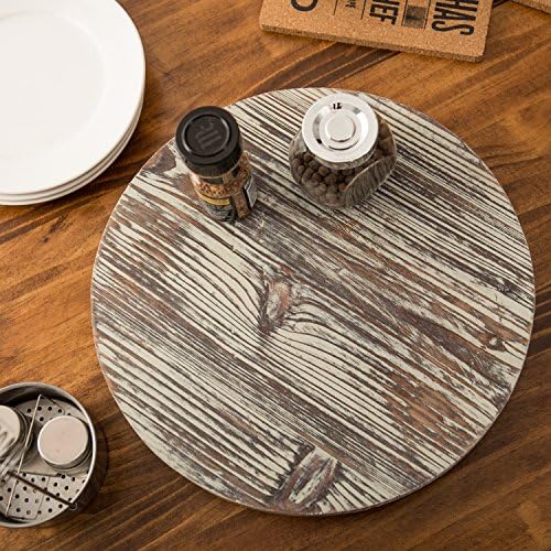 MyGift 12.8 Inch Round Rustic Torched Wood Lazy Susan Spinning Turntable Tray, Rotating Wooden Countertop Spice Rack, Ki