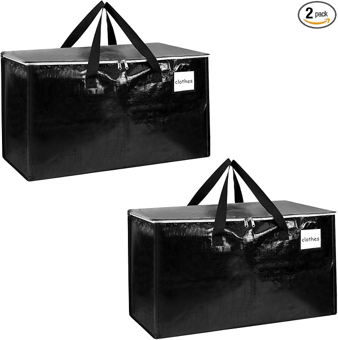 2-Pack Extra-Large Heavy-Duty Storage Totes with Reinforced Handles, Durable Zippers & Waterproof Material — Perfect for Space-Saving, Moving, Shipping and Travel (Black)