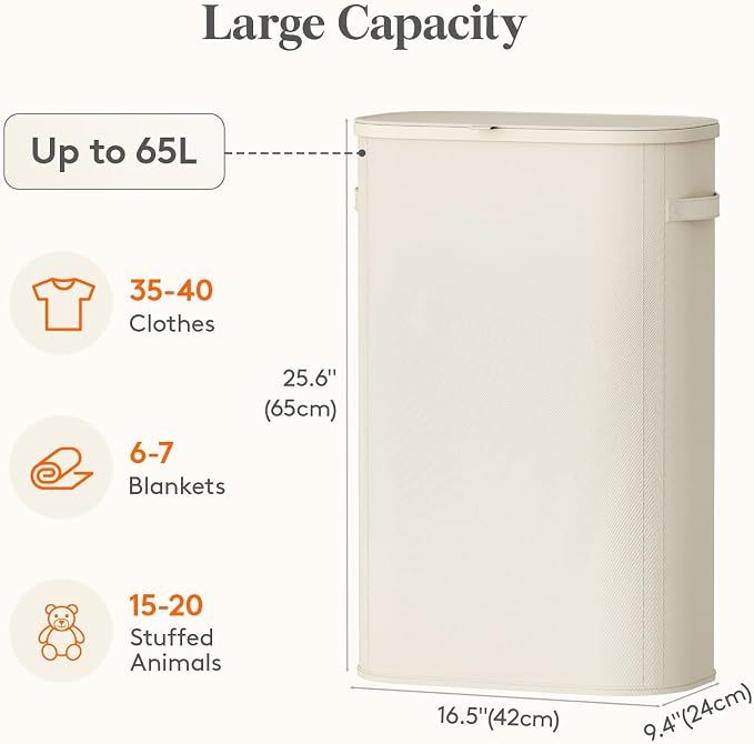 Lifewit Slim Laundry Basket with Lid, Narrow Large Laundry Hamper with Plastic Handles and Removable Bag, Tall Foldable Dirty Clothes Hampers for Laundry Room, Bedroom, Bathroom, Dorm, 65L White