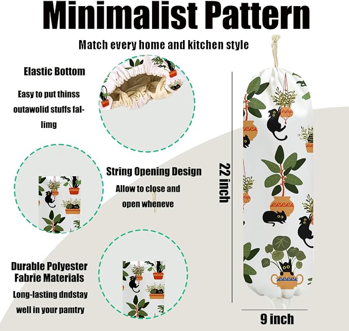 2Pcs Cat Plastic Bag Holder, Plant Wall Mount Grocery Bag Holder for Plastic Bags, Floral Reusable Grocery Bags Storage Dispenser for Home Kitchen Decor, Flower Gifts for Women Cat Lovers, 22.5x9 Inch