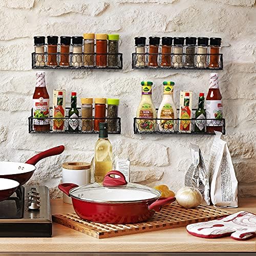 MyGift Black Chicken Wire Hanging Spice Rack for Wall Organize Seasoning and Condiment Jar Holder, Set of 4