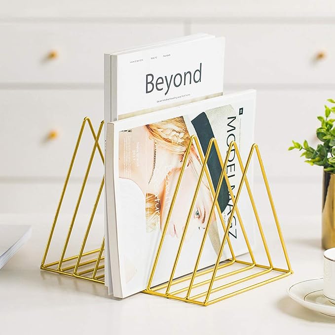 Sooyee 9 Slot Gold Magazine Holder, Desktop File Sorter Organizer Triangle Bookshelf Decor for Home Office, 10.2" L x 7" W x 6.9" H, Iron Wire