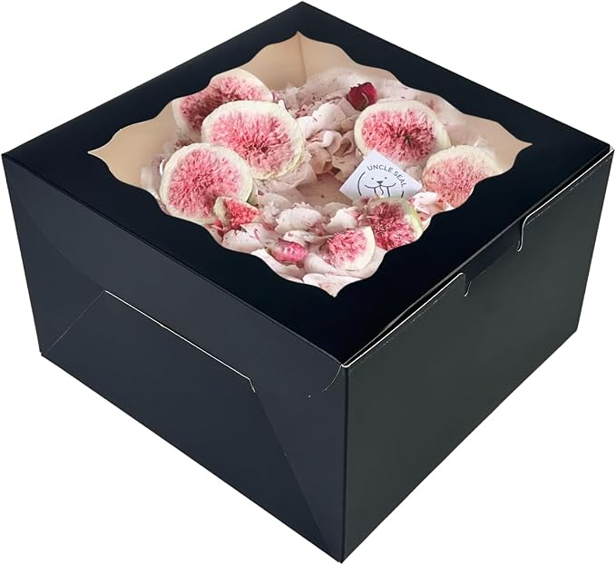 qiqee 10x10x5 Cake Box, 4 Sets Black Cake Box with Window ＆ 4 Sets 10" Black Cake Round Boards, 10inch Cake Containers