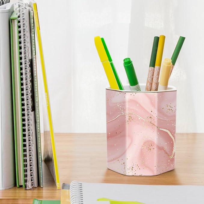 Cute Pen Holder for Desk, Ceramic Pencil Holder, Pen Cup Marker Holder Makeup Brush Holders, Desk Accessories & Workspace Organizers for Home, Office, Red Marble