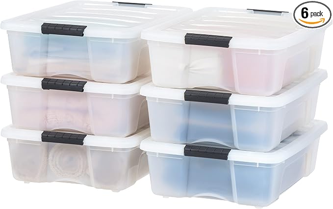 IRIS USA 27 Qt Stackable Plastic Storage Bins with Lids, 6 Pack - BPA-Free, Made in USA - Discreet Organizing Solution, Latches, Durable Nestable Containers, Secure Pull Handle - Pearl