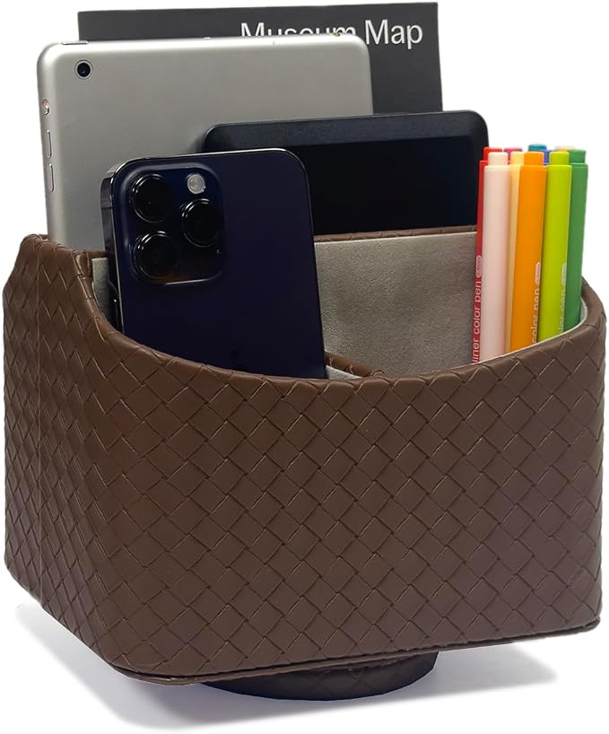 UnionBasic Rotating Desk Organizer, 360 Desk Spinning Caddy, Desktop TV Guide/Mail/Media/Remote Controller Holder Organizer, Woven Coffee