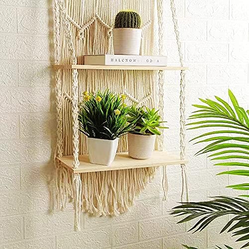 Macrame Wall Hanging Shelf - Boho Indoor Hanging Shelves for Wall - Decorative Bohemian Floating Plants Room Storage She