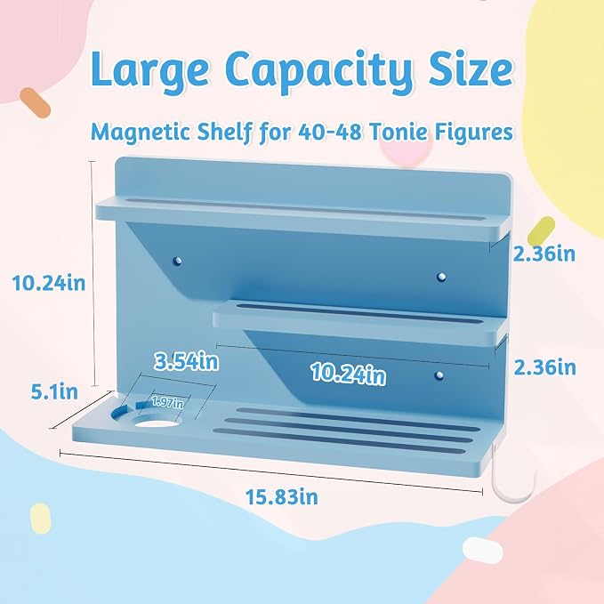for Tonies Shelf Magnetic - 3 Tier Wooden Tonies Figure Organizer, Blue | Tonies Box Holder, Magnetic Display Shelf for Kids Room, Wall Floating Shelves Toy Storage Compatible Charging Station