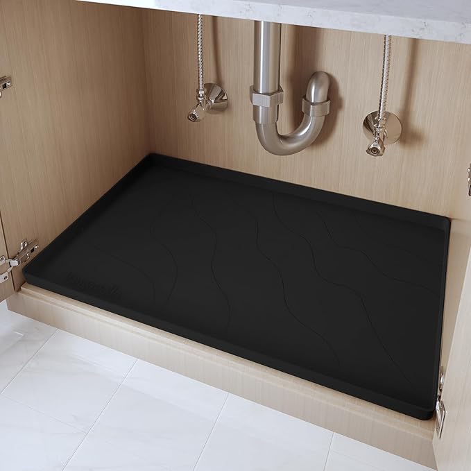 Heavy Duty Silicone Under Sink Mats for Kitchen Waterproof 31" x 22", Extra Thick Under Sink Rubber Mat Drip Tray, Raised Edge Under Sink Liner,Prevent Drips, Leaks, Spills,Black