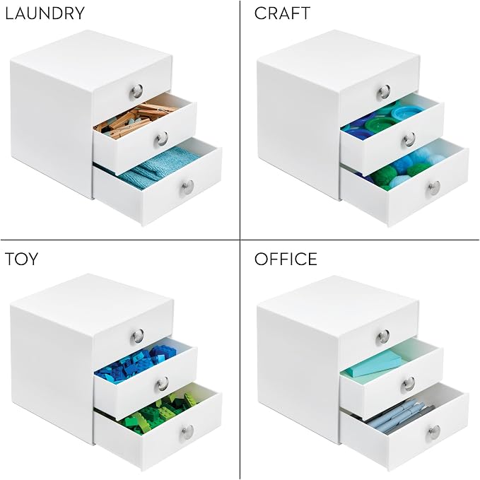 iDesign 3-Drawer Plastic Vanity Organizer, Compact Storage Organization Drawers Set for Cosmetics, Dental Supplies, Hair Care, Bathroom, Dorm, Desk, Countertop, Office, 6.5" x 6.5" x 6.5", White | Bathroom Storage, Vanity Storage