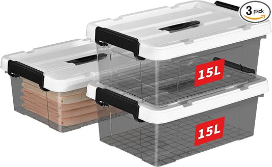 Cetomo Lidded Storage Bin with Handle, Tote Organizing Container with Durable Lid and Secure Latching Buckles, Stackable and Nestable, Plastic, 16 Quart-3 Pack, Clear Black