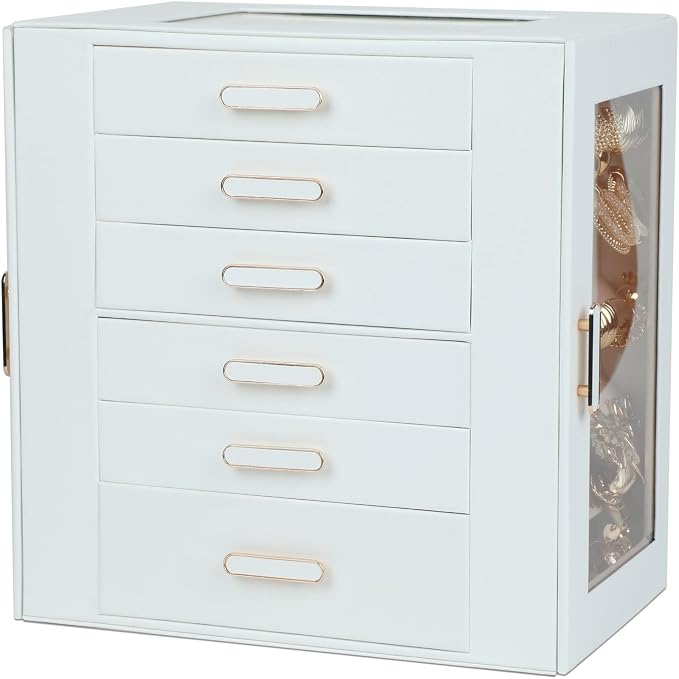 BOOVO Clear Lid Jewelry Box,6 Layers Jewelry Organizer Large Jewelry Storage Box with 6 Drawers,Jewelry Holder Organzier of Rings Earrings Necklace Bracelets for Women (White, 6 Layer)