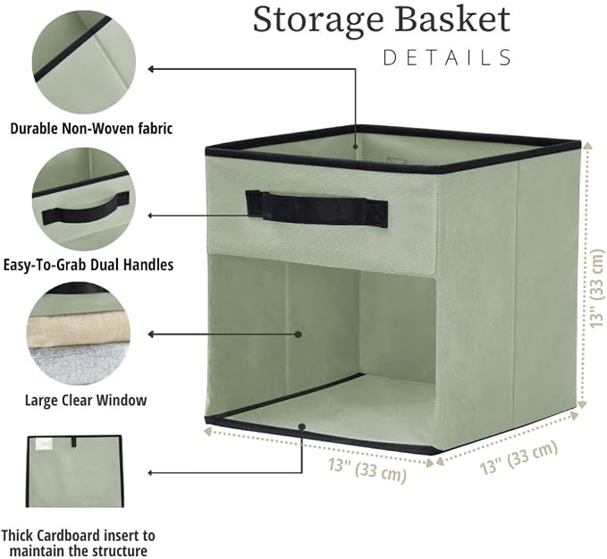 DECOMOMO Storage Bins, Cube Storage Bin with Window | 13" Cube, 6 Pack, Fabric Storage Cubes for Shelves (Green)