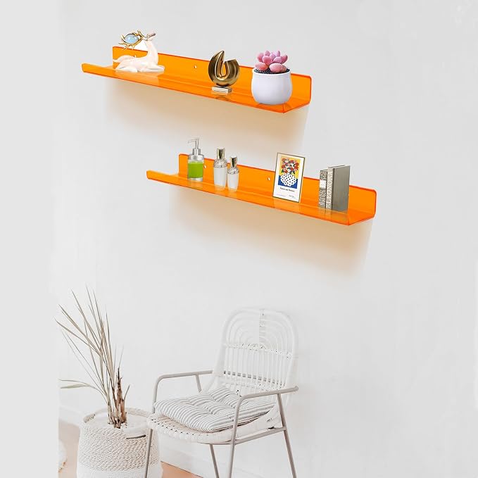 ROYALITA 2-Pack Acrylic Shelves Wall Mounted, 24 Inch Floating Shelves | for Small Items Plants Organize Wall Shelves for Gaming Room, Bedroom, Living Room, Office, Orange