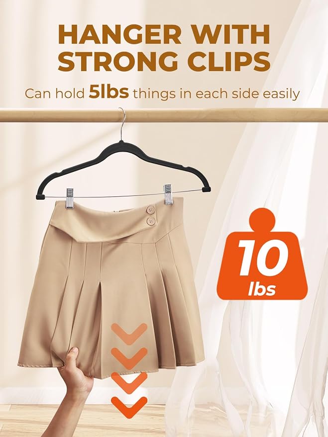 HOUSE DAY Velvet Skirt Hangers 48 Pack, Black Hanger with Adjustable Clips | Space Saving Slim Felt Pant Hanger, Heavy Duty Shorts Hanger, Non Slip Clip Hangars for Pants, Skirts, Shorts, Outfit