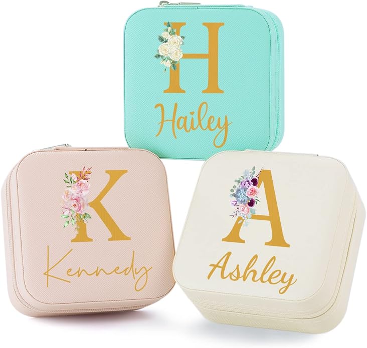 Bridesmaid Gifts Jewelry Box Personalized Small Jewelry Travel Case Custom PU Leather Portable Bridesmaid Proposal Boxes Mini Jewellery Organizer Storage Earrings Rings Necklaces for Women Girls-Pink