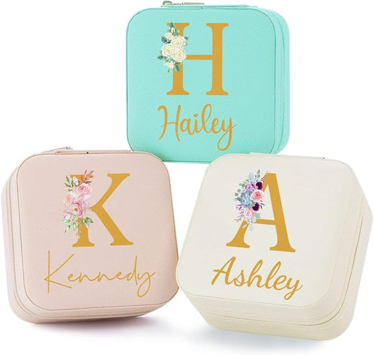 Bridesmaid Gifts Jewelry Box Personalized Small Jewelry Travel Case Custom PU Leather Portable Bridesmaid Proposal Boxes Mini Jewellery Organizer Storage Earrings Rings Necklaces for Women Girls-Pink