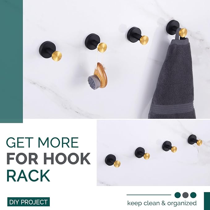 Angle Simple Towel Hook Black & Gold, Stainless Steel Bathroom Hook for Wall, Round Robe Hook, Hand Towel Holder