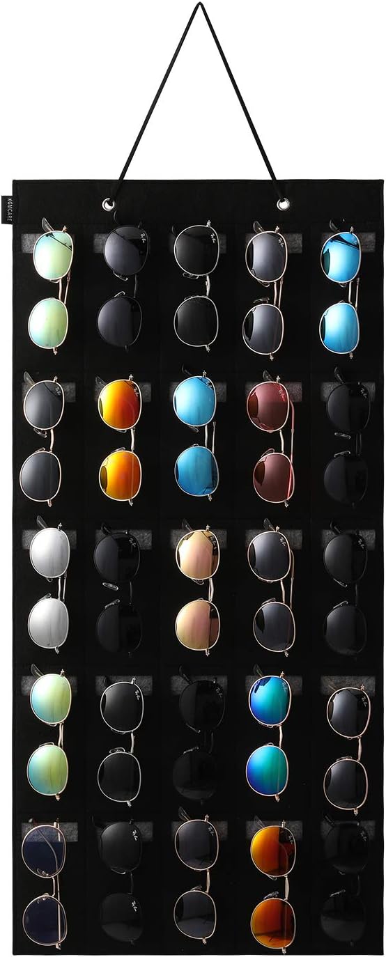 Sunglasses Organizer Storage- Hanging Eyeglasses Wall Pocket Mounted,Eyewear Display,25 Slots (Black, Large)