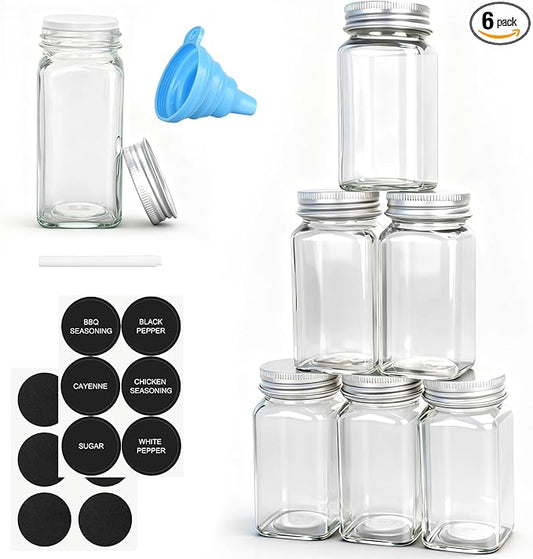DkOvn 6pcs Glass Spice Jars, 4oz Empty Spice Jars with Metal Caps, Labels, Shaker Lids, Collapsible Funnel, Chalk Pen, Seasoning Organizer for Spice Rack