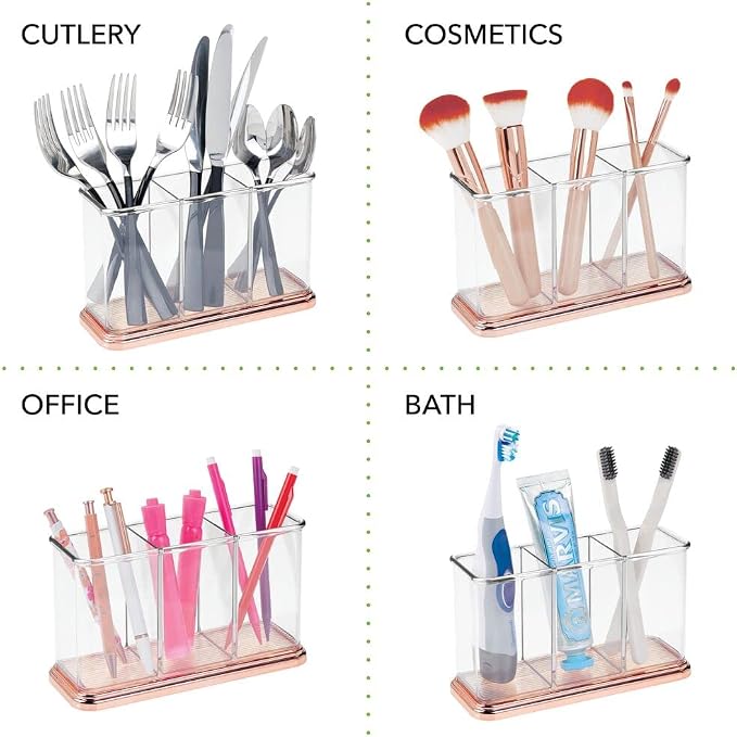 mDesign Plastic Organizer Cup Holder, Divided Storage Organizer for Desks, Office, Tables, Workspaces - Stores Pen, Pencils, Markers, Scissors - 3 Sections - Clear/Rose Gold