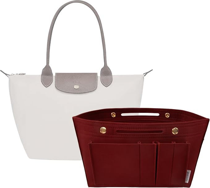 Vercord Purse Organizer Insert for Long champ Felt Organizer Insert with Zipper Handbag Insert Tote Shaper Storage Bag Burgundy M