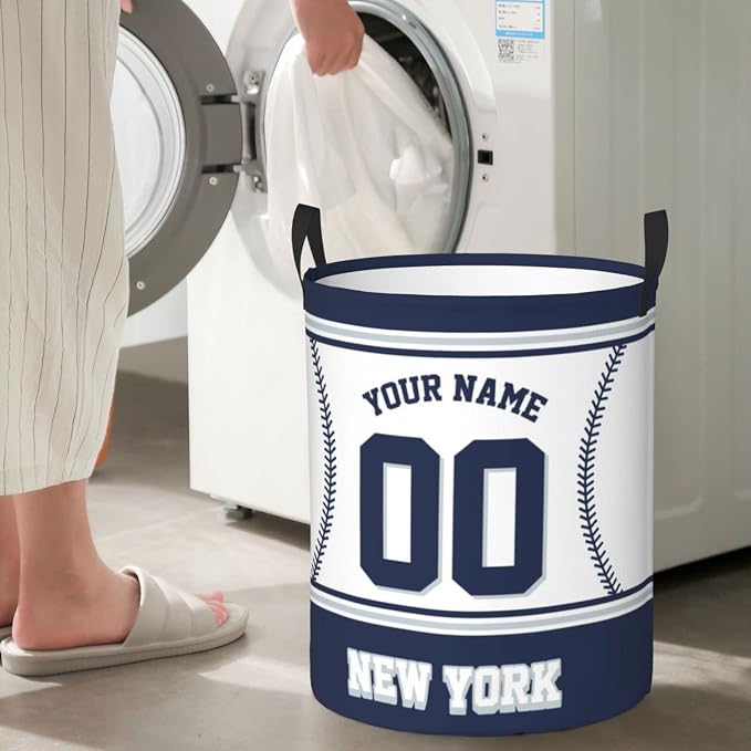 Custom New York Laundry Hamper Personalized Laundry Basket Customized Name And Number Collapsible Storage Basket for Bedroom Bathroom Living Room Baseball Fan Gifts