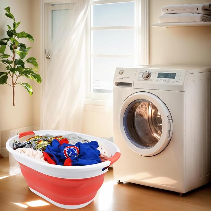 SAMMART 28L (7.4 gallon) Collapsible Plastic Laundry Basket-Oval Tub/Basket - Portable Washing Tub-Space Saving Laundry Hamper, Water capacity: 22L (5.8 gallon) (1, White/Orange Red)