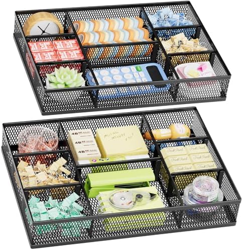 Marbrasse 2 Pack Desk Drawer Organizer, Mesh Drawer Organizer Tray with 8 Adjustable Compartments, Desk Organizers and Accessories, 5 Dividers Drawer for Office Supplies, Makeup & Vanity (Black)