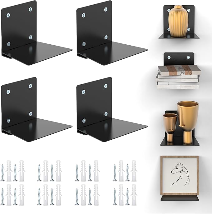 Eapele Invisible Floating Bookshelf, Heavy-Duty Hanging Bookshelves, Steel Constructed Wall Mounted Hidden Bookshelf with Mounting Hardware, 4PCS Black